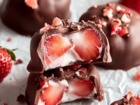 Two stacked, halved Chocolate strawberry yogurt bites show creamy white filling and fresh red strawberry, surrounded by more whole bites.