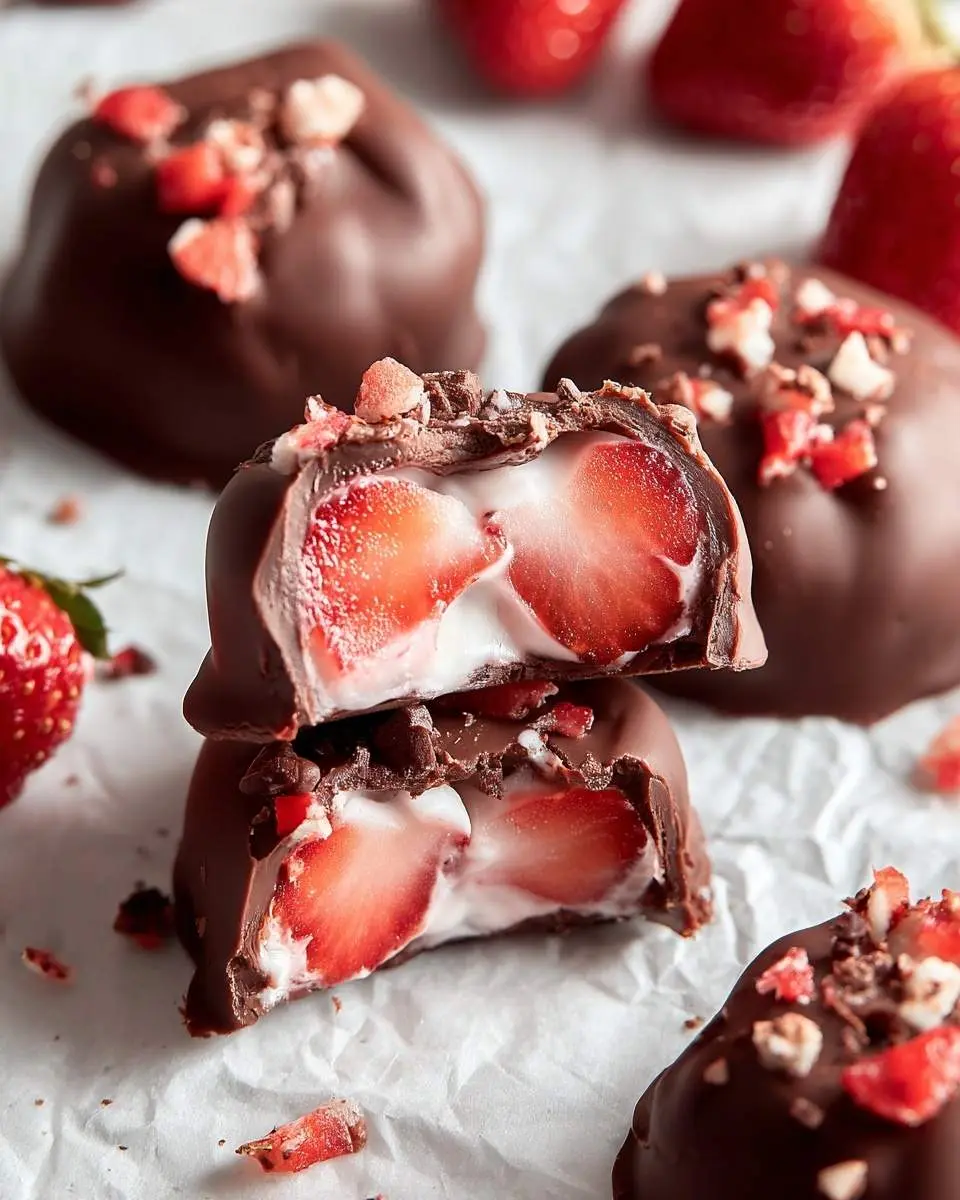 Chocolate strawberry yogurt bites 25 Two stacked, halved Chocolate strawberry yogurt bites show creamy white filling and fresh red strawberry, surrounded by more whole bites.