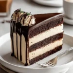 A decadent slice of Chocolate Vanilla Tuxedo Cake on a white plate, featuring rich chocolate layers and creamy vanilla frosting, drizzled with ganache.