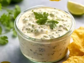 A hand dips a tortilla chip into a bowl of creamy dip with cilantro, limes, and jalapeños, reminiscent of chuys creamy jalapeno.