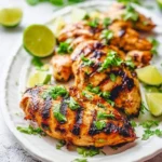 Close-up of perfectly grilled cilantro lime chicken breasts, garnished with fresh chopped cilantro and lime wedges on a white plate.