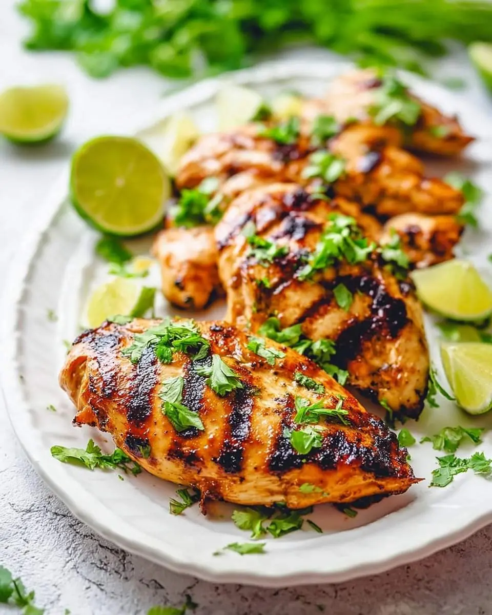 cilantro lime chicken 29 Close-up of perfectly grilled cilantro lime chicken breasts, garnished with fresh chopped cilantro and lime wedges on a white plate.