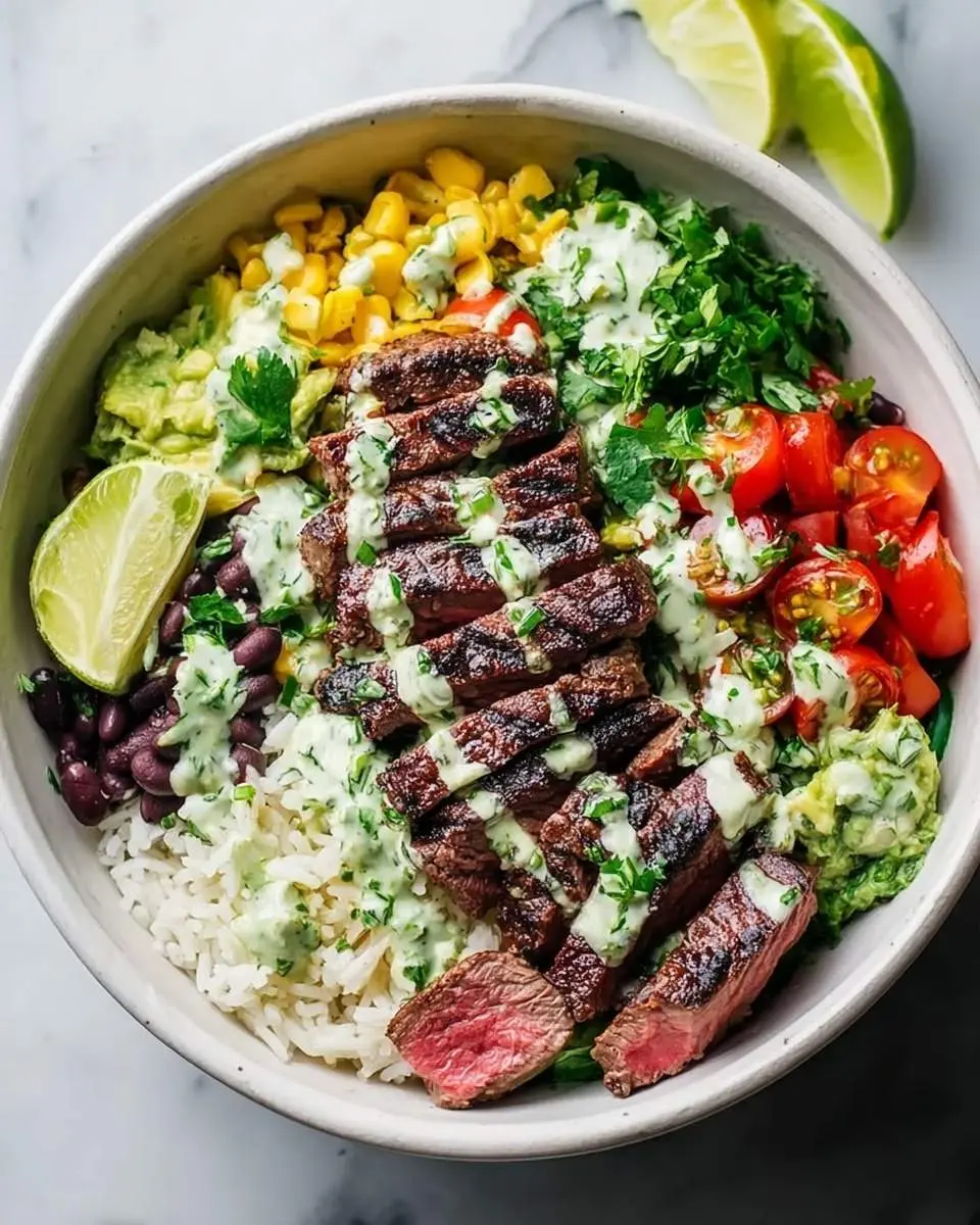 Vibrant Cilantro lime steak bowls with grilled steak, rice, black beans, corn, guacamole, cherry tomatoes, and lime wedges.
