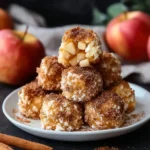 A close-up shows a stack of Cinnamon Apple Cottage Cheese Bites on a white plate, coated in cinnamon sugar, with fresh apples and cinnamon sticks nearby.