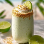 A refreshing Coconut Key Lime Pie Smoothie in a tall glass, topped with whipped cream, a toasted coconut rim, and a lime wedge, on a beach background.
