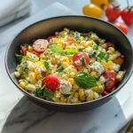 A vibrant corn salad with fresh mint, halved cherry tomatoes, and feta cheese in a black bowl on a marble counter, with lemons and tomatoes in the background.