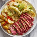 A generous platter of perfectly sliced corned beef and tender steamed cabbage wedges, accompanied by roasted potatoes and carrots.