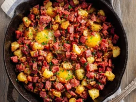 A cast iron skillet holds a hearty serving of homemade corned beef hash with crispy potatoes, diced beef, and three perfectly cooked eggs.