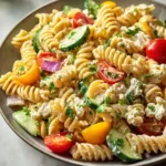A close-up of a fresh Cottage Cheese and Veggie Pasta Salad with rotini pasta, cucumber, cherry tomatoes, and red onion in a grey bowl.