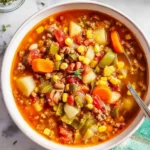 A hearty bowl of Cowboy Soup filled with ground beef, potatoes, carrots, corn, and beans, garnished with fresh herbs on a marble surface.