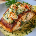 A golden-brown Crab and Shrimp Stuffed Salmon fillet served on a white plate with a lemon wedge and a rich butter sauce.