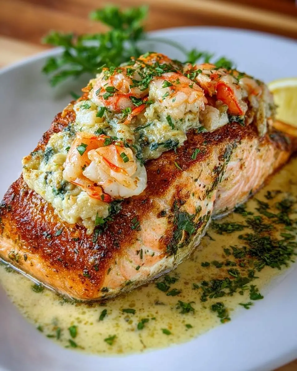 Crab and Shrimp Stuffed Salmon 25 A golden-brown Crab and Shrimp Stuffed Salmon fillet served on a white plate with a lemon wedge and a rich butter sauce.