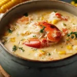 A close-up of a rustic bowl filled with creamy Crab Corn Chowder, featuring large pieces of crab meat, bright yellow corn kernels, and fresh parsley garnish.