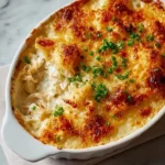 A golden-brown, bubbly crab rangoon casserole in a white baking dish, garnished with fresh chives, showing a creamy interior.