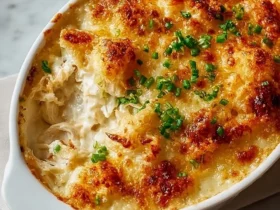 A golden-brown, bubbly crab rangoon casserole in a white baking dish, garnished with fresh chives, showing a creamy interior.