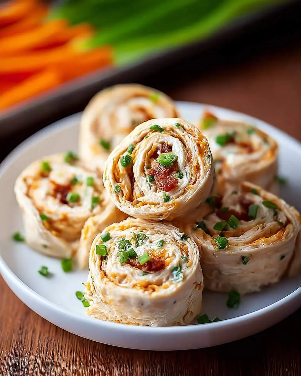 Crack Chicken Pinwheels 29 A white plate is filled with delicious Crack Chicken Pinwheels, garnished with chives and crispy bacon bits, with blurred vegetables in the background.