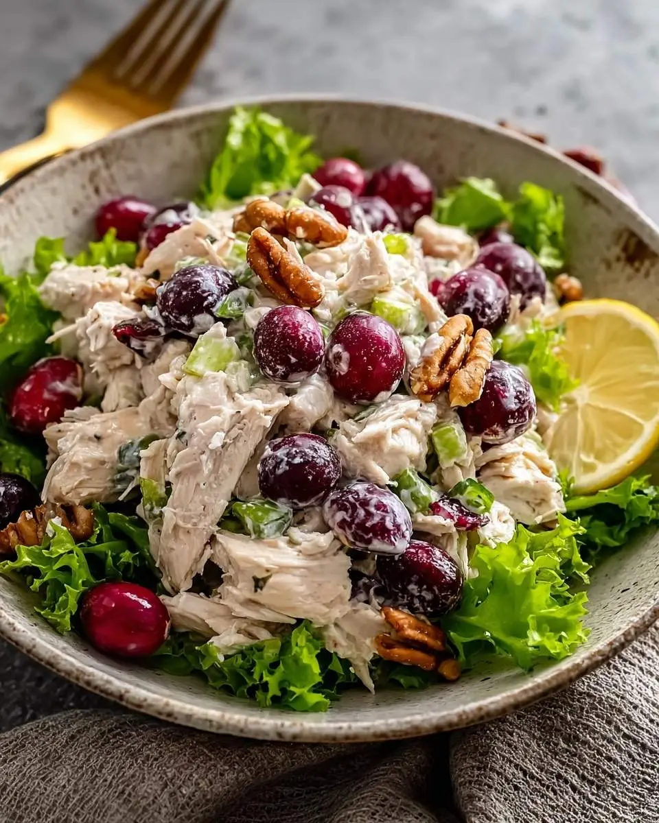 A close-up shot of a vibrant Cranberry Chicken Salad in a rustic bowl, garnished with fresh cranberries, pecans, lettuce, and a lemon wedge.