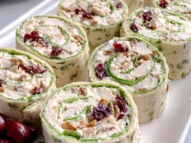 A close-up shot of multiple Cranberry Chicken Salad Pinwheel Sandwiches arranged on a white serving platter, garnished with fresh cranberries.