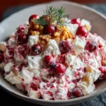 A delightful Cranberry Fluff Salad in a bowl, generously topped with whole cranberries, walnuts, and a fresh dill sprig.