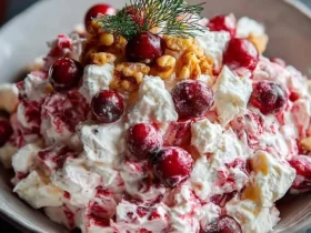 A delightful Cranberry Fluff Salad in a bowl, generously topped with whole cranberries, walnuts, and a fresh dill sprig.