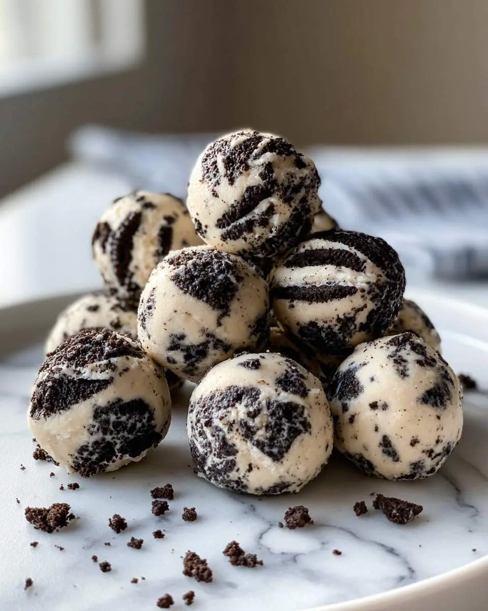 Cream Cheese Oreo Protein Balls 29 A delicious pile of homemade Cream Cheese Oreo Protein Balls, studded with dark cookie pieces, sits on a white marble plate.
