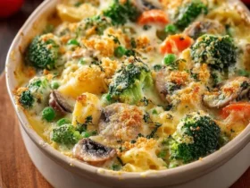 A close-up of a bubbling creamy vegetable casserole baked in a white oval dish, topped with golden breadcrumbs and fresh thyme, with cherry tomatoes and parsley in the background.