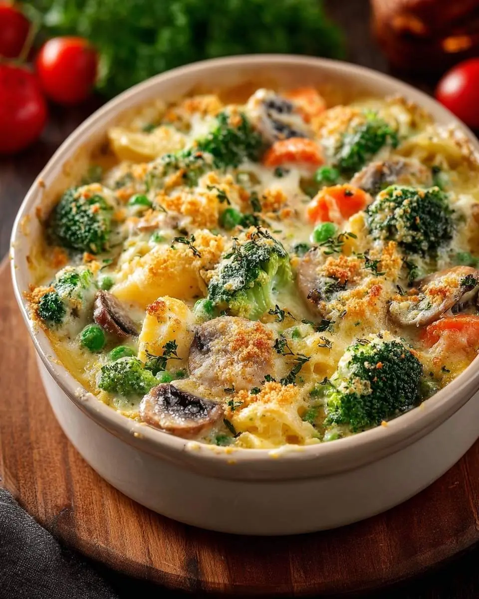 creamy vegetable casserole 29 A close-up of a bubbling creamy vegetable casserole baked in a white oval dish, topped with golden breadcrumbs and fresh thyme, with cherry tomatoes and parsley in the background.