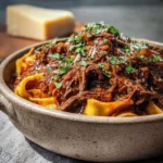 A rustic bowl of pappardelle pasta topped with a hearty Crockpot Beef Ragu, garnished with fresh parsley and grated cheese.