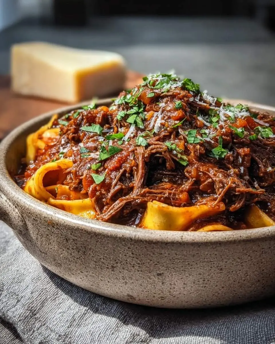 Crockpot Beef Ragu 25 A rustic bowl of pappardelle pasta topped with a hearty Crockpot Beef Ragu, garnished with fresh parsley and grated cheese.