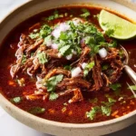 Close-up of a delicious crockpot Mexican birria stew with shredded meat, fresh cilantro, diced onions, and a lime.