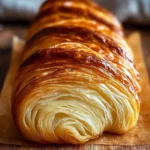 A close-up of a long, golden-brown Croissant Bread loaf with visible flaky layers resting on parchment paper and a wooden surface.