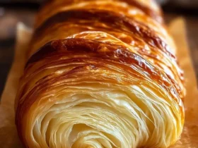 A close-up of a long, golden-brown Croissant Bread loaf with visible flaky layers resting on parchment paper and a wooden surface.