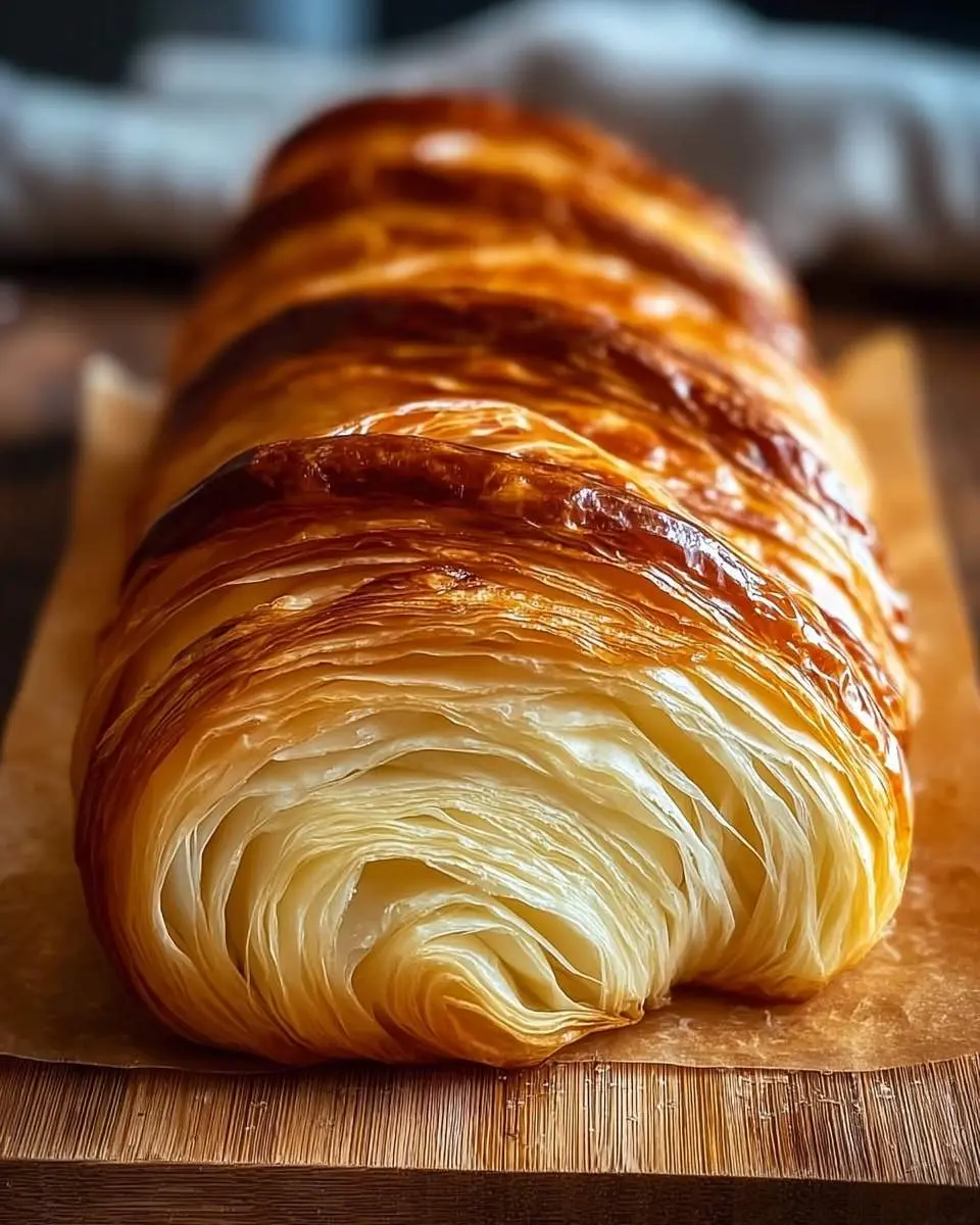 Croissant Bread 28 A close-up of a long, golden-brown Croissant Bread loaf with visible flaky layers resting on parchment paper and a wooden surface.