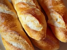 A close-up shot of multiple golden-baked crusty mini baguettes, artfully arranged on a white plate, highlighting their perfectly scored tops.