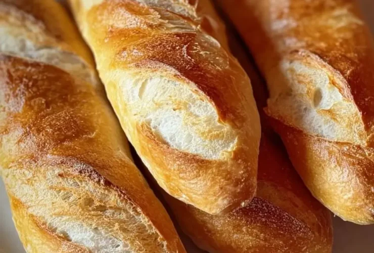 Crusty Mini Baguettes 45 A close-up shot of multiple golden-baked crusty mini baguettes, artfully arranged on a white plate, highlighting their perfectly scored tops.
