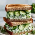 Two stacked Cucumber Salad Sandwiches made with toasted bread, creamy filling, and fresh cucumber slices, garnished with microgreens.