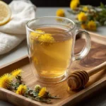 A clear glass mug of warm dandelion tea with dandelion flowers floating, served on a wooden tray with a honey dipper and fresh dandelions.