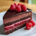 A tempting slice of Dark Chocolate Raspberry Mousse Cake on a white plate, garnished with fresh raspberries and a glossy glaze.