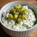 A close-up of a creamy white Dill Pickle Dip, garnished with diced pickles, fresh dill, and red pepper flakes, in a white bowl on wood.