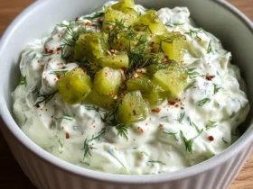 A close-up of a creamy white Dill Pickle Dip, garnished with diced pickles, fresh dill, and red pepper flakes, in a white bowl on wood.