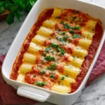 A white baking dish filled with golden baked Easy Manicotti covered in red tomato sauce and fresh green herbs.