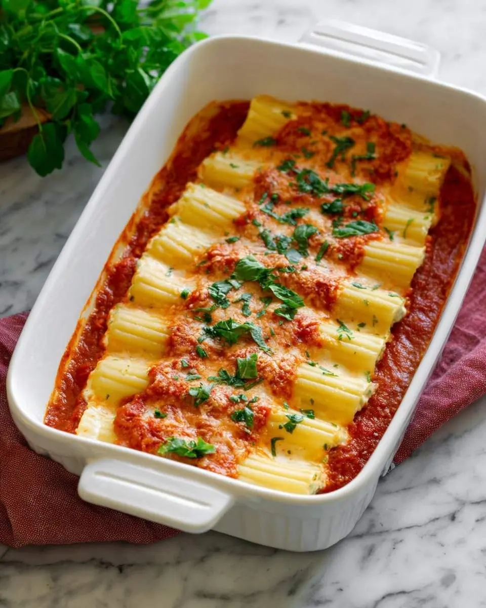 Easy Manicotti 25 A white baking dish filled with golden baked Easy Manicotti covered in red tomato sauce and fresh green herbs.