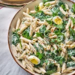 A close-up of a creamy Egg and Spinach Pasta Salad with penne pasta, halved hard-boiled eggs, and fresh parsley, served in a bowl with a baguette in the background.