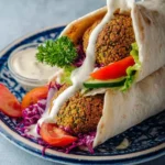 Two fresh Falafel Wraps on a blue plate, featuring crispy falafel balls, creamy sauce, lettuce, tomatoes, red cabbage, and a sprig of parsley.