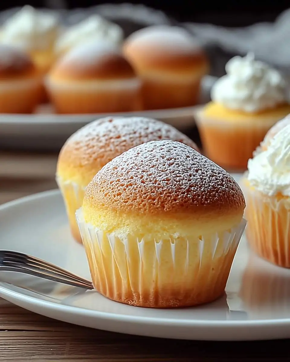 Fluffy Japanese Cotton Cupcakes 25 Close-up of golden brown Fluffy Japanese Cotton Cupcakes dusted with powdered sugar, served on a white plate.