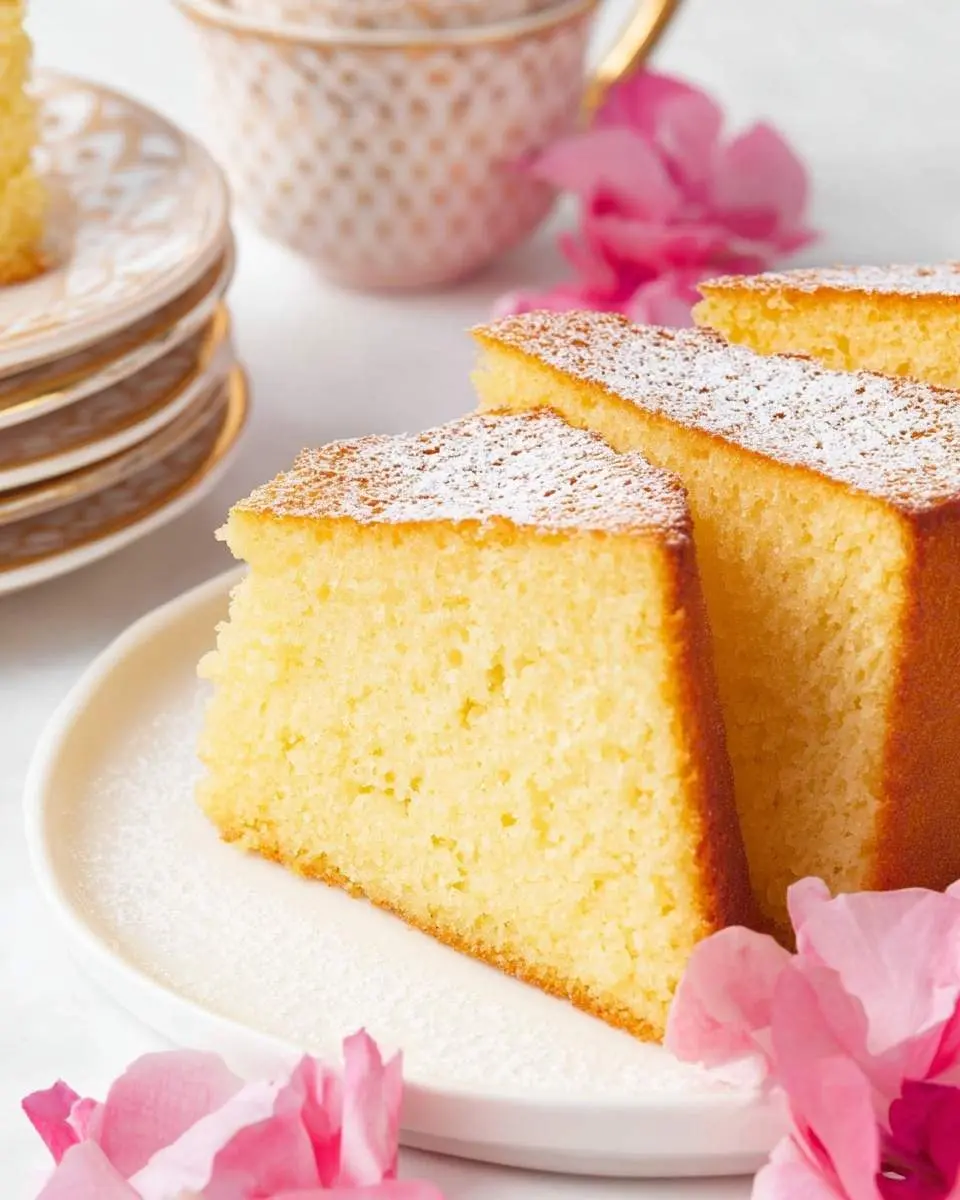 French Butter Cake 25 Slices of golden French Butter Cake dusted with powdered sugar, elegantly presented with a tea cup and pink flowers.