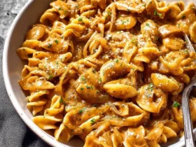 A white bowl filled with creamy French Onion Pasta, featuring twisted pasta in a rich brown sauce with caramelized onions, topped with cheese and herbs.