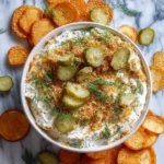 A bowl of creamy Fried Pickle Dip topped with pickle slices, fresh dill, and crispy crumbs, surrounded by golden chips on a marble surface.