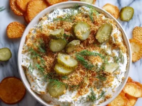 A bowl of creamy Fried Pickle Dip topped with pickle slices, fresh dill, and crispy crumbs, surrounded by golden chips on a marble surface.