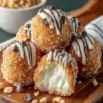 A close-up of golden, sugar-coated Frozen churro yogurt bites drizzled with white and chocolate icing, one cut open to reveal a creamy white filling.